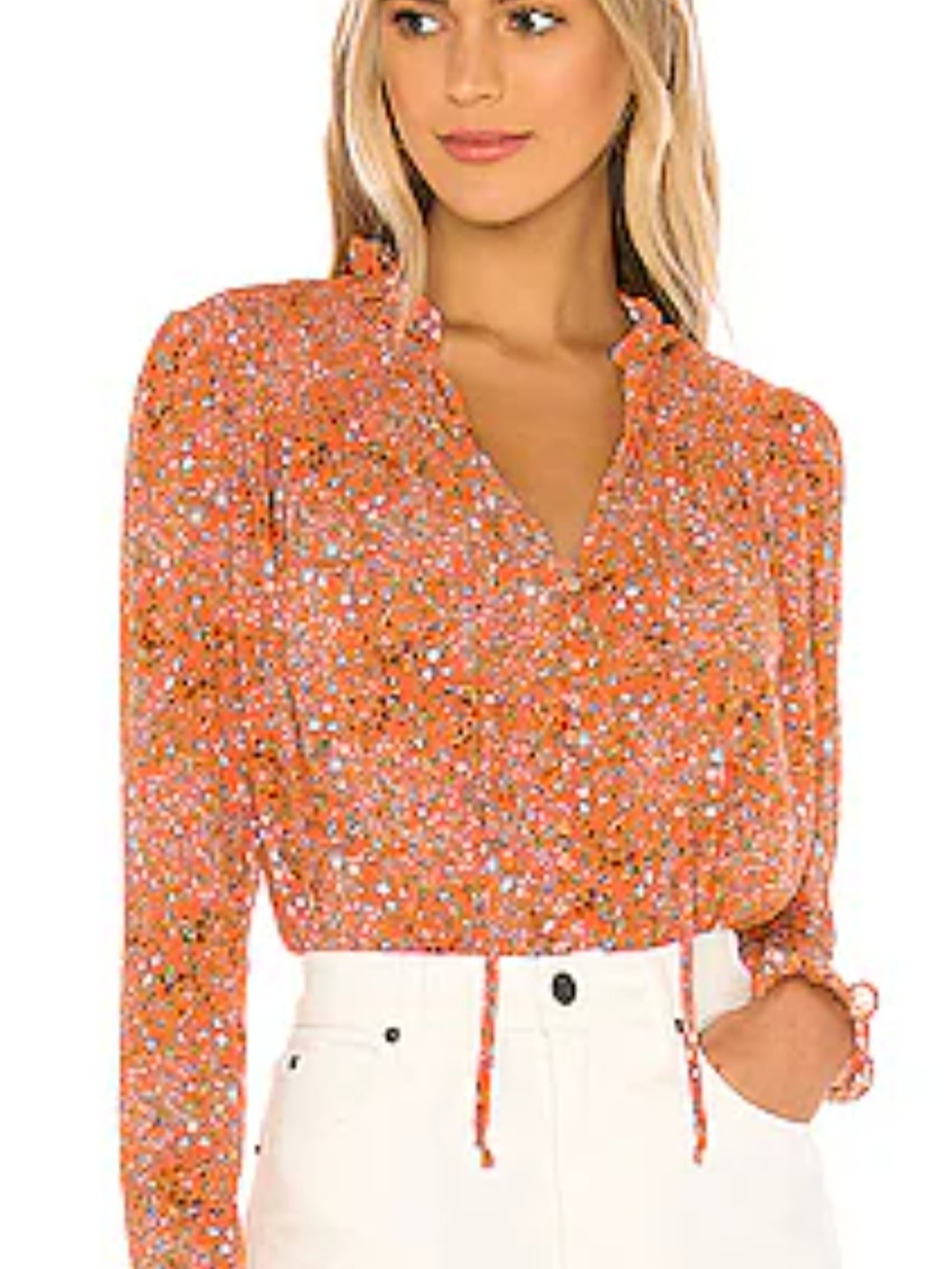 Free People Orange Floral Ruffle Tie-Neck Blouse